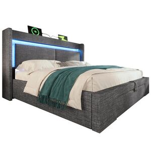 WISHDOR ČALOUNĚNÁ POSTEL 140/200 cm v šedé lněné látce s úložným prostorem, zásuvkou, LED osvětlením a USB obraz