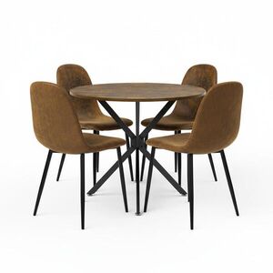 Urban Meuble JÍDELNÍ SET 5dílný Kulatý stůl Ø90 cm dekor dřeva a 4 židle vintage hnědé obraz