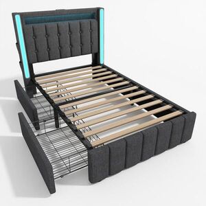 WISHDOR ČALOUNĚNÁ POSTEL 90/200 cm v šedé lněné látce se 2 zásuvkami, LED osvětlením, USB a Type-C obraz