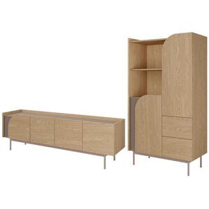 Beautysofa OBÝVACÍ STĚNA Camel, TV stolek 172 cm + regál na knihy 90 cm, rýhovaný detail, jarní dub + Toffee obraz