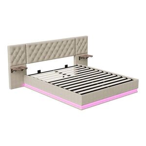 ČALOUNĚNÁ postel 140x200 cm béžová s RGB LED, úložným prostorem, USB-C a bezdrátovým nabíjením, lněný potah obraz