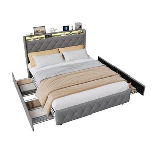 EuroLiving ČALOUNĚNÁ postel 160x200 cm se 4 zásuvkami, LED, USB a Type-C, čelo pro manželskou postel a lamelový rošt, šedá obraz