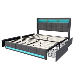 ČALOUNĚNÁ postel 160x200 cm s USB, 4 zásuvky, LED, len, šedá obraz