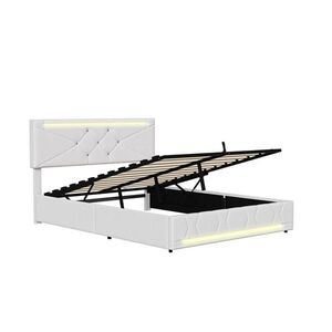 EuroLiving ČALOUNĚNÁ postel 140/190 cm bílá s hydraulickým úložným prostorem, LED osvětlením, výškově nastavitelným čelem a USB portem obraz