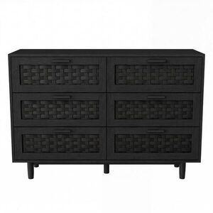 EuroLiving KOMODA, imitace dřeva, 6 zásuvek, PVC proutí, 115×40×80 cm, černá obraz