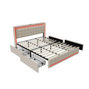 ČALOUNĚNÁ postel 180x200 cm s LED, USB, 4 zásuvkami a čelem s křídly, béžová obraz
