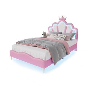 EuroLiving ČALOUNĚNÁ postel 140x190 cm s LED osvětlením, korunou a PU potahem, růžová obraz