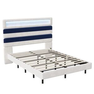 ČALOUNĚNÁ postel 140x190 cm, bílá/modrá, LED osvětlení a USB obraz