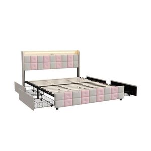 EuroLiving ČALOUNĚNÁ postel 140x200 cm s LED, USB a zásuvkami, bílá/růžová obraz