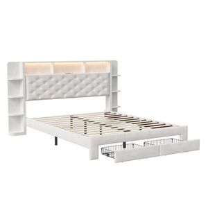 ČALOUNĚNÁ postel 160x200 cm velur s LED, USB a 2 zásuvkami bílá obraz