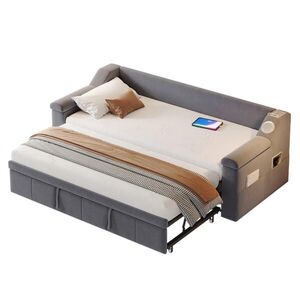 OKWISH ROZKLÁDACÍ pohovka 90/180x190 cm šedá z veluru s Bluetooth a USB porty obraz