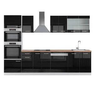 Vicco KUCHYŇSKÝ KOUT R-Line Černý vysoký lesk 300 cm s vysokou skříní, PD Dub obraz