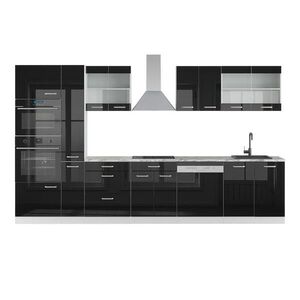 Vicco KUCHYŇSKÝ KOUT R-Line Černý vysoký lesk/bílá 350 cm s vysokou skříní, s pracovní deskou obraz
