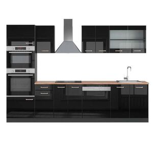 Vicco KUCHYŇSKÝ KOUT R-Line Černý vysoký lesk 300 cm s vysokou skříní, PD Dub obraz