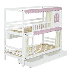 STILVORA ETAGENBETT 90/200 cm & 90/200 cm in Weiß & Rosa Kinderbett mit 2 Schubladen, Regal und Fallschutzgitter obraz