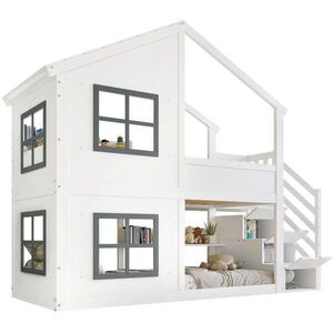 STILVORA ETAGENBETT 90/200 cm in Weiß & Grau Kinderbett mit Treppenregal, Fenstern und Dach obraz