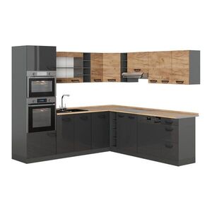 Vicco ROHOVÁ KUCHYŇ R-Line, Antracit-zlatý dub/Antracit, 247 x 237 cm dvoubarevné skříňky, PR Dub obraz