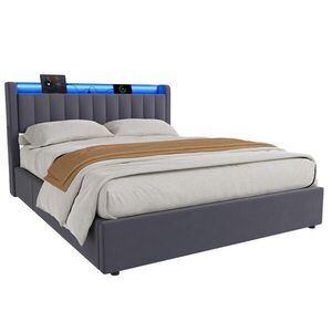 WISHDOR ČALOUNĚNÁ POSTEL 160/200 cm v šedé barvě, s úložným prostorem, USB a LED osvětlením, bez matrace obraz