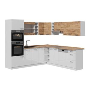Vicco ROHOVÁ KUCHYŇ R-Line, Bílý-zlatý dub/Bílá, 247 x 237 cm dvoubarevné skříňky, PR Dub obraz