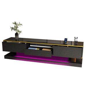 STILVORA TV STOLEK černý a zlatý, 3 zásuvky, LED osvětlení, do obývacího pokoje, 180×38×45 cm obraz