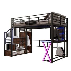 STILVORA HOCHBETT 140/200 cm in Schwarz mit Ablageleiter, Schreibtisch, Kleiderschrank, Regalen und LED obraz