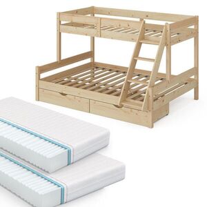 VitaliSpa PATROVÁ POSTEL Everest Přírodní dřevo 140x200 / 90x200 cm se 2 matracemi a 2 zásuvkami obraz