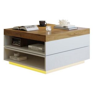 Modfu KONFERENČNÍ stolek z MDF 65x65x40 cm bílý v dekoru dubu s 360° otočnou deskou, LED osvětlením a otevřeným úložným prostorem obraz