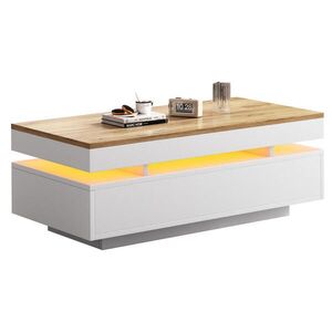 Modfu KONFERENČNÍ stolek z dřevotřísky 100x50x35 cm bílá a dekor dřeva s LED osvětlením, 2 zásuvkami a vysokým leskem obraz