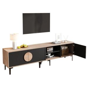Modfu TV stolek z dřevotřísky 180x35x49 cm černá a dekor dubu se 3 skříňkami, 2 otevřenými přihrádkami a nosností 45 kg obraz