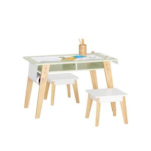 SoBuy STŮL se 2 dětskými stoličkami a 1 policí Zelená 80x48x50cm Nordický obraz