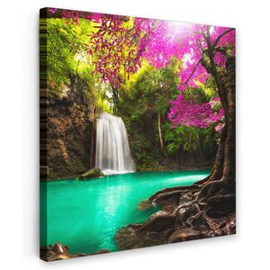 MuchoWow OBRAZ NA PLÁTNĚ Vodopád s barevnými květy a stromy - Příroda - Džungle 50x50 cm obraz