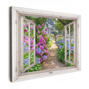 MuchoWow OBRAZ NA PLÁTNĚ Hortenzie - Průhledné - Květiny - Léto - Fialová - Cesta 80x60 cm obraz