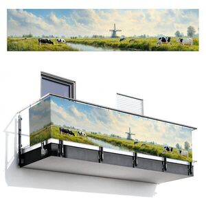 MuchoWow BALKONOVÁ ZÁSTĚNA Krávy - větrný mlýn - louka - modrá 500x110 cm obraz