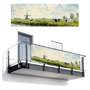 MuchoWow BALKONOVÁ ZÁSTĚNA Krávy - větrný mlýn - louka - modrá 300x100 cm obraz