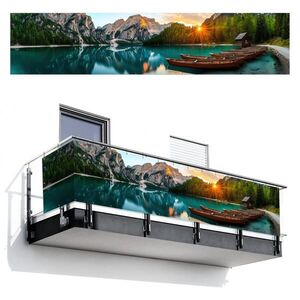 MuchoWow BALKONOVÁ ZÁSTĚNA Jezero - Hory - Západ slunce - Loď 500x110 cm obraz
