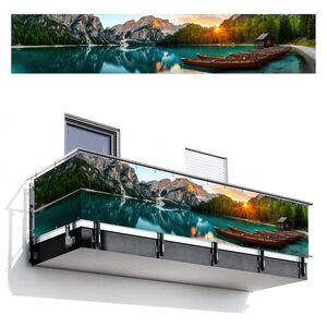 MuchoWow BALKONOVÁ ZÁSTĚNA Jezero - Hory - Západ slunce - Loď 500x95 cm obraz