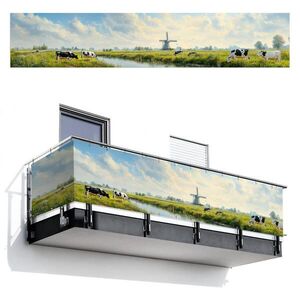 MuchoWow BALKONOVÁ ZÁSTĚNA Krávy - větrný mlýn - louka - modrá 500x95 cm obraz