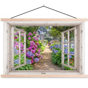 MuchoWow PLAKÁT S MAGNETICKOU LIŠTOU Hortenzie - Průhledné - Květiny - Léto - Fialová - Cesta 60x40 cm obraz