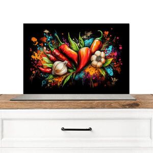 MuchoWow KUCHYŇSKÁ ZÁSTĚNA Zelenina - paprika - česnek - graffiti - barva - barevné 70x50 cm obraz