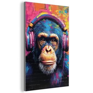 MuchoWow KOVOVÝ OBRAZ Graffiti - Šimpanz - Street art - Sluchátka - Opice 40x60 cm obraz