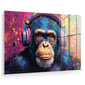 MuchoWow OBRAZ NA AKRYLOVÉM SKLE Graffiti - Šimpanz - Street art - Sluchátka - Opice 90x60 cm obraz