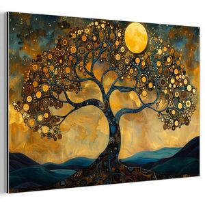 MuchoWow KOVOVÝ OBRAZ Strom - Měsíc - Květiny - Zlato - Umění 90x60 cm obraz