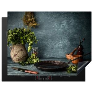 MuchoWow KRYT NA INDUKČNÍ DESKU Bylinky - Koření - Pánev - Nůž - Šedý - Rustikální 77x59 cm obraz
