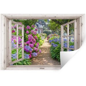 MuchoWow SAMOLEPKA NA ZEĎ Hortenzie - Průhledné - Květiny - Léto - Fialová - Cesta 60x40 cm obraz