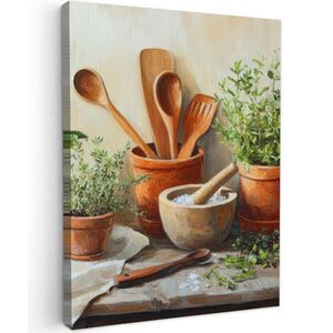 MuchoWow OBRAZ NA PLÁTNĚ Hrnce - Bylinky - Dřevo 30x40 cm obraz