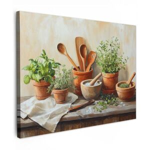 MuchoWow OBRAZ NA PLÁTNĚ Hrnce - Bylinky - Dřevo 80x60 cm obraz