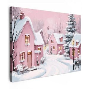MuchoWow OBRAZ NA PLÁTNĚ Vánoční vesnice - Růžová - Zima - Sníh - Domy 80x60 cm obraz