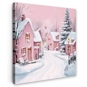 MuchoWow OBRAZ NA PLÁTNĚ Vánoční vesnice - Růžová - Zima - Sníh - Domy 20x20 cm obraz