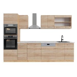 Vicco KUCHYŇSKÝ KOUT R-Line Dub Sonoma/Goldkraft 300 cm s vysokou skříní, PD Mramor obraz