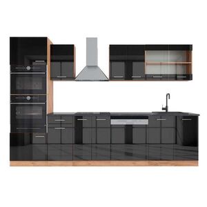 Vicco KUCHYŇSKÝ KOUT R-Line Antracitový vysoký lesk/zlatý dub power 300 cm s vysokou skříní, PD Antracit obraz